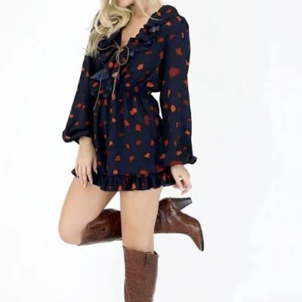 Fall Boho Blue Romper with Black and Red-orange Leopard Print. Medium.